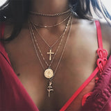 Necklace For Women Fashion Gold Color Medallion Necklace Multiple Layers Pendant Long Necklaces Boho Jewelry